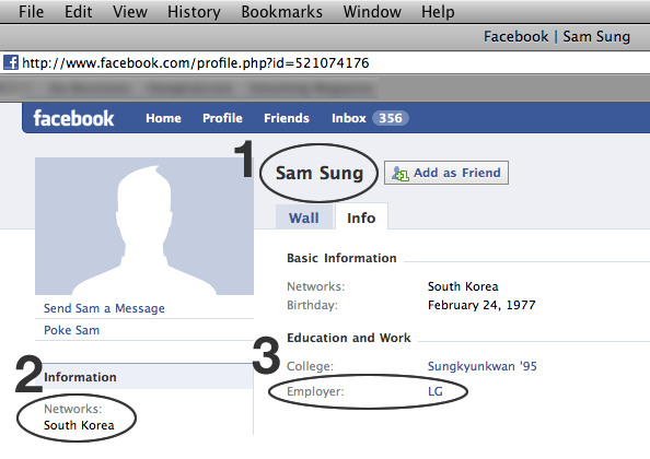 Perfil Facebook de un empleado de LG llamado Sam Sung